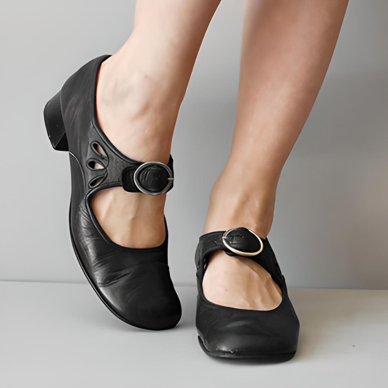 Black Women’s Wedge Buckle Detail Sandals on the model 