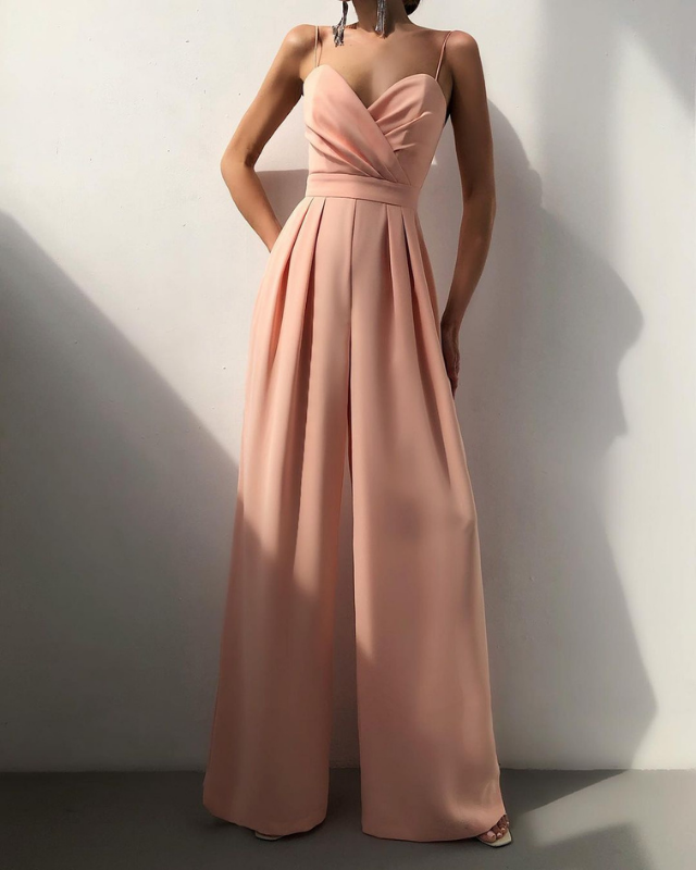Pink Women’s Elegant Sweetheart Neckline Wide-Leg Jumpsuit on the model