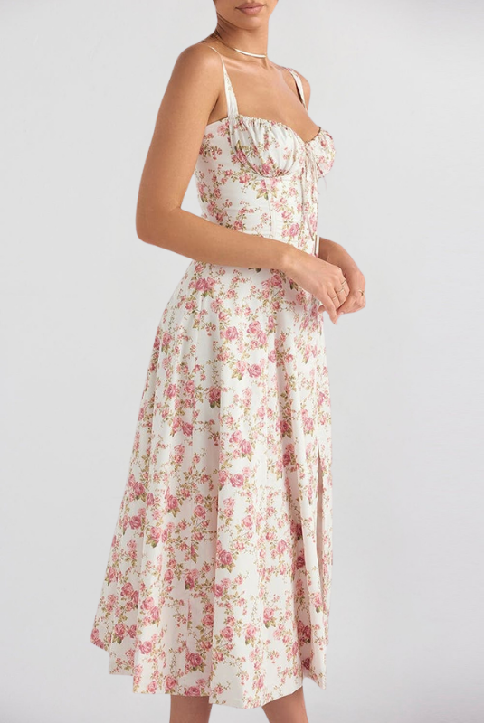 Pink Floral Women’s Printed Bustier Midi Dress on the model