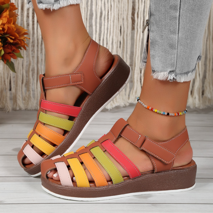 Brown Women’s Elegant Posture Comfort Support Sandals on model
