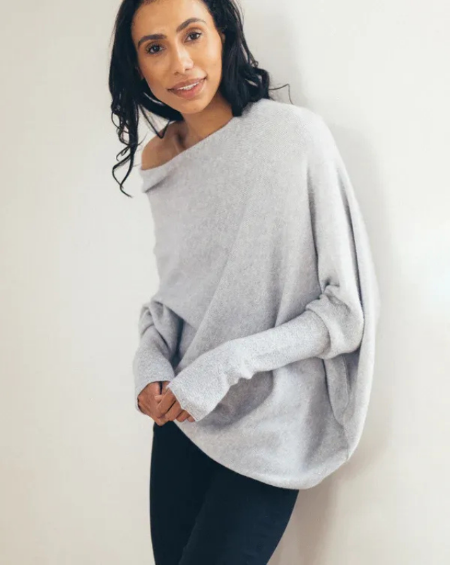 Light Gray Women’s Swing Collar Off-Shoulder Knit Jumper on model