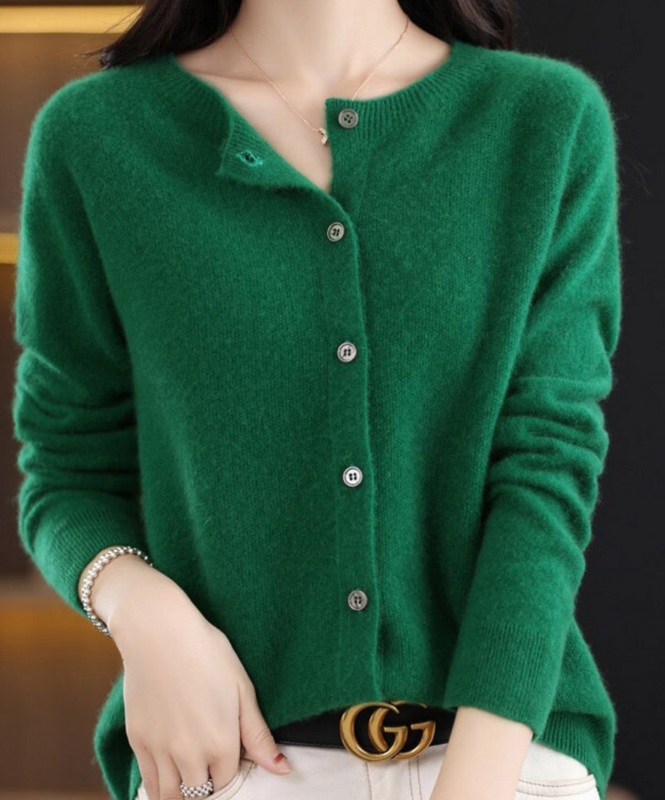 Dark Green Women’s Elegant V-Neck Button-Detailed Sweater on the model
