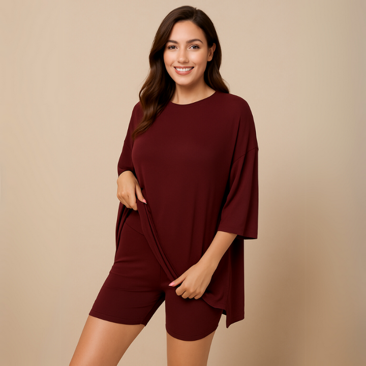 Brown Women’s Oversized Ribbed Tee & Biker Shorts Set on the model