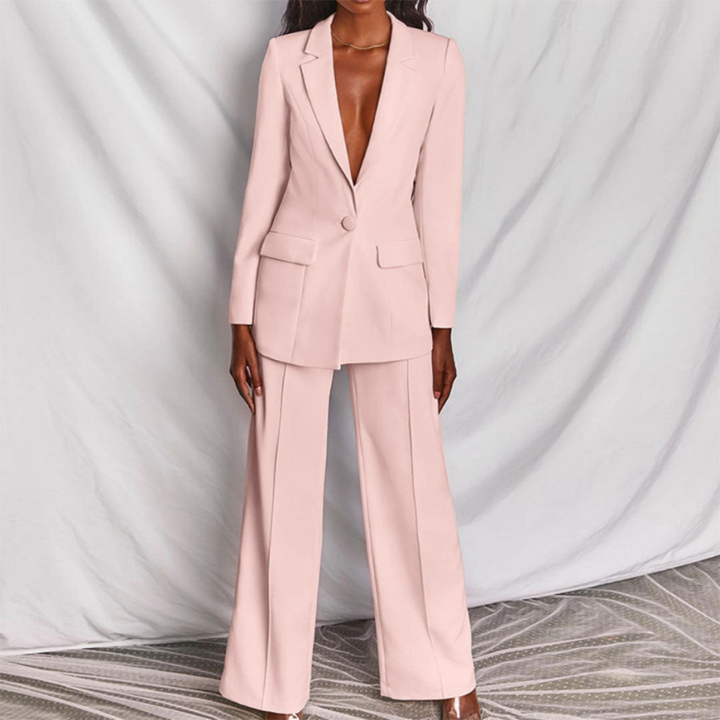Light Pink Women’s Elegant Tailored Fit Blazer & Trousers Set on model