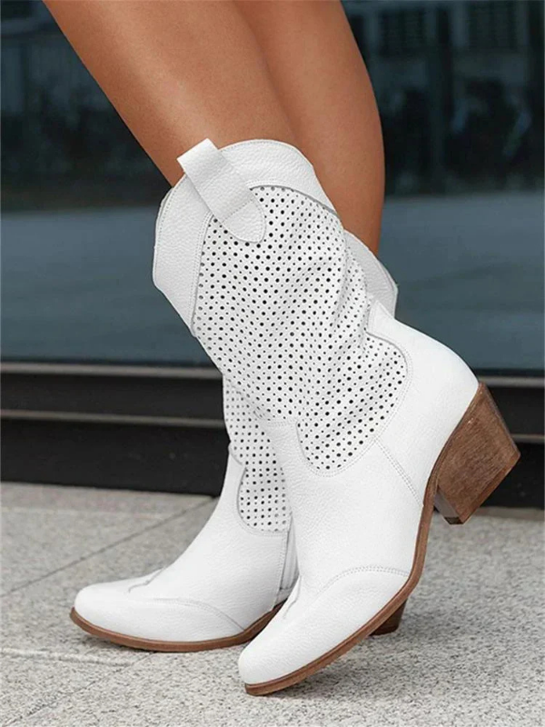White Women’s Zipper Breathable Cowboy Boots on model
