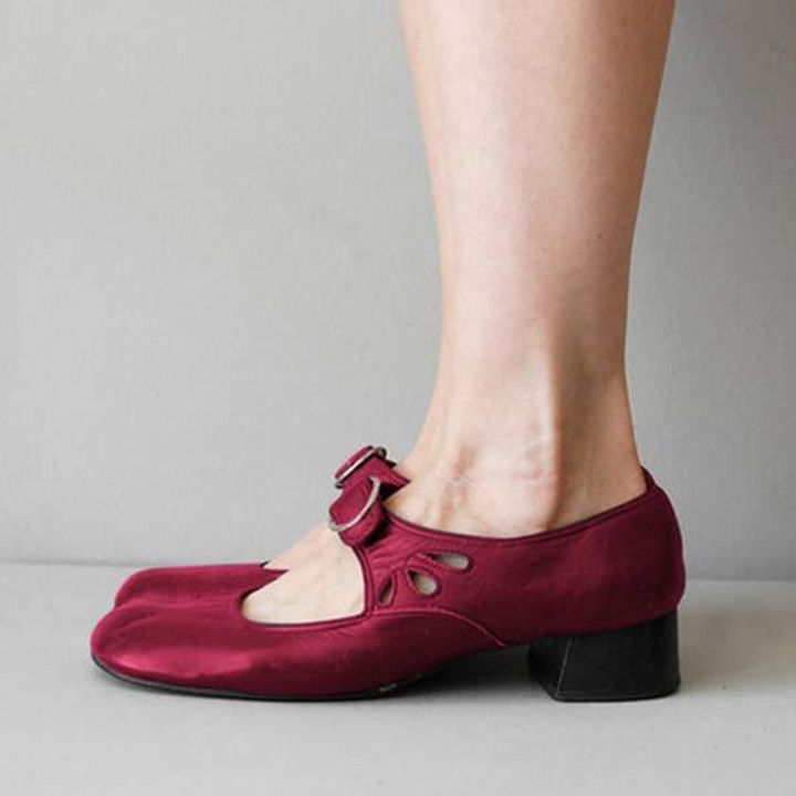 Red Women’s Wedge Buckle Detail Sandals on the model 