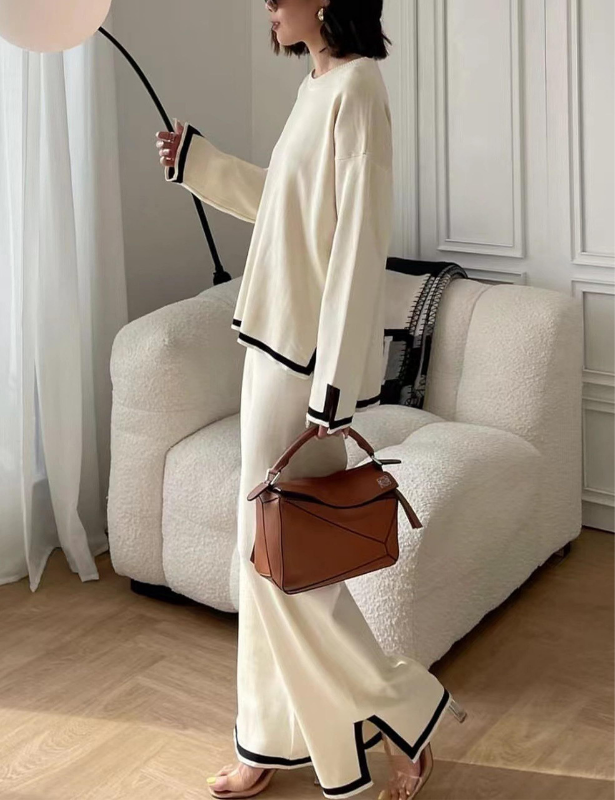 Apricot Women’s Crewneck & Wide-Leg Knit Lounge Set - Long Sleeves on the model