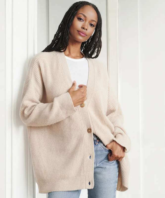 Oatmeal Women’s V-Neck Button Closure Knit Cardigan on the model