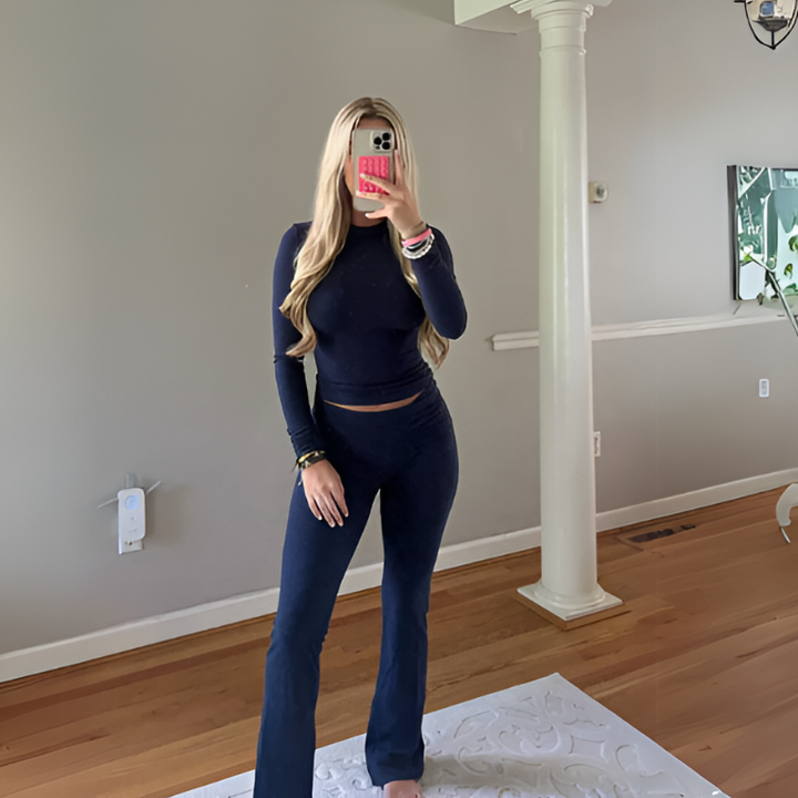 Navy Blue Women’s Foldover Waistband  Lounge Set - Long Sleeves on the model