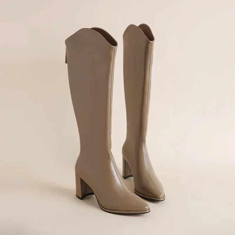 Brown Women’s Elegant Knee-High Boots Block Heel
