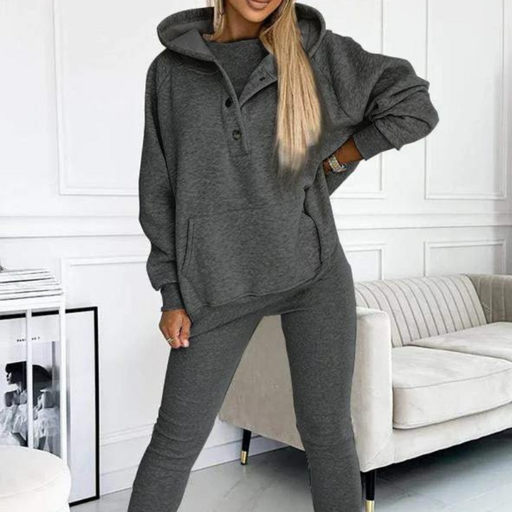 Dark Gray Women’s Soft Fabric Blend Casual Sweatshirt Set on the model
