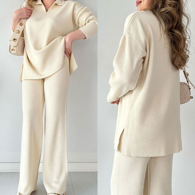 Beige Women’s Relaxed Knit Set on model