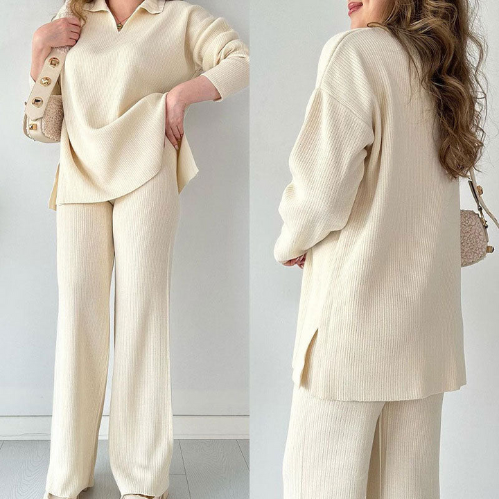 Beige Women’s Relaxed Knit Set on model