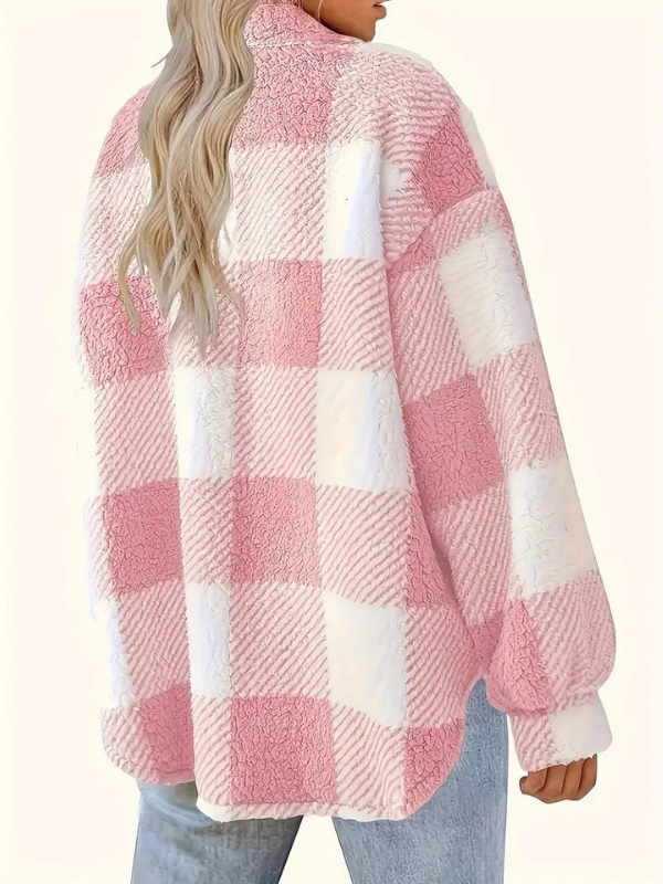 Pink Women’s Classic Fit Plaid Long Sleeve Jacket on the model