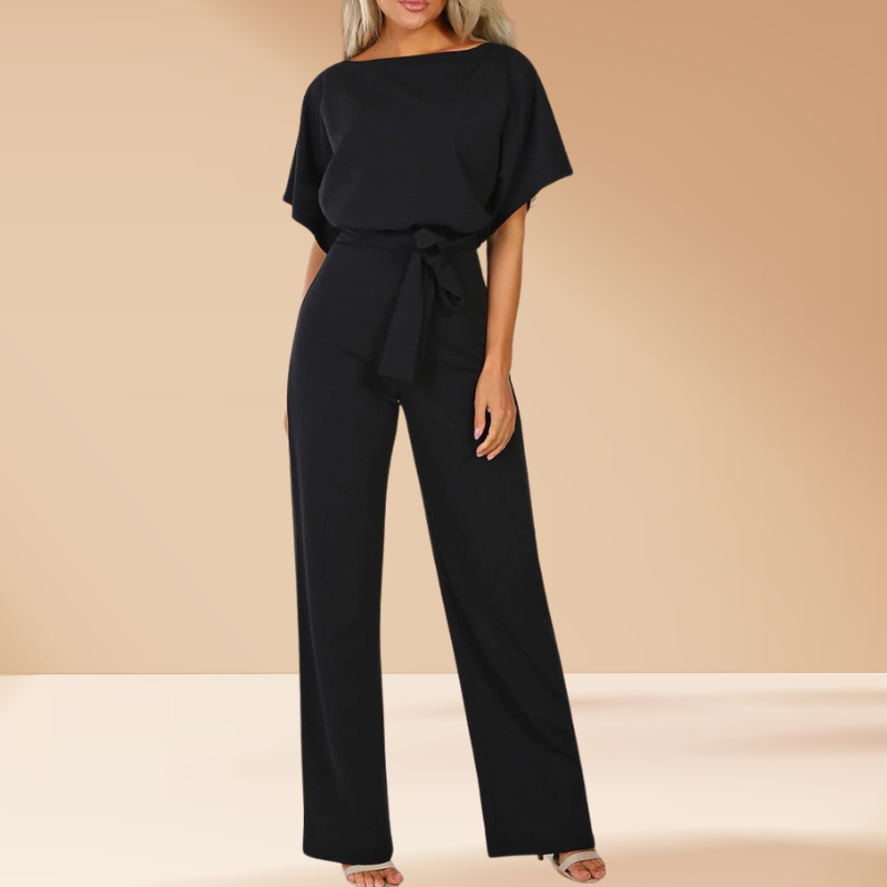 Black Women’s Chic Tie Waist Wide-Leg Jumpsuit on the model