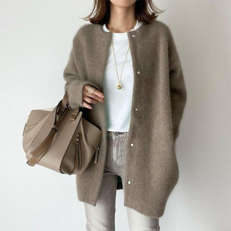 Coffee Women’s Elegant Knit Cardigan Pocket Detail on model