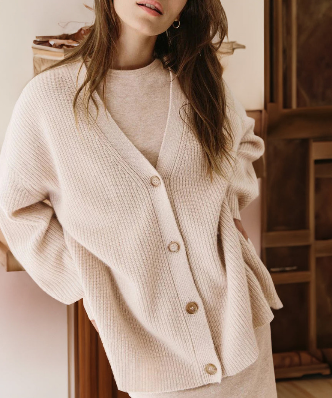 Oatmeal Women’s V-Neck Button Closure Knit Cardigan on the model