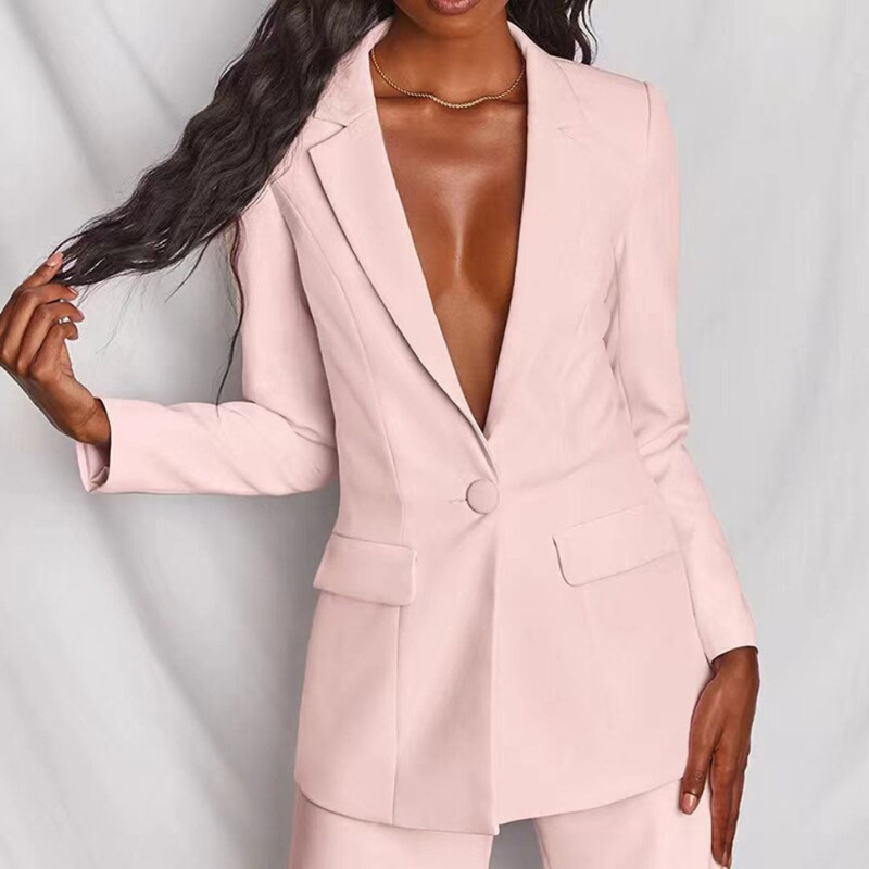 Light Pink Women’s Elegant Tailored Fit Blazer & Trousers Set on model