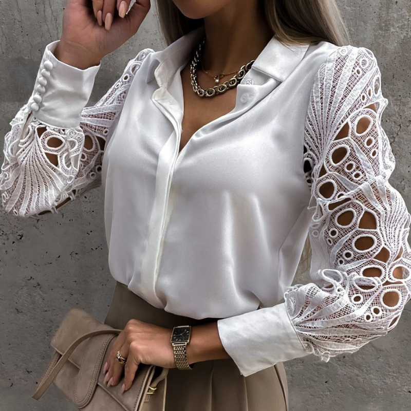 White Women’s Feminine Puffer Sleeves Blouse on model