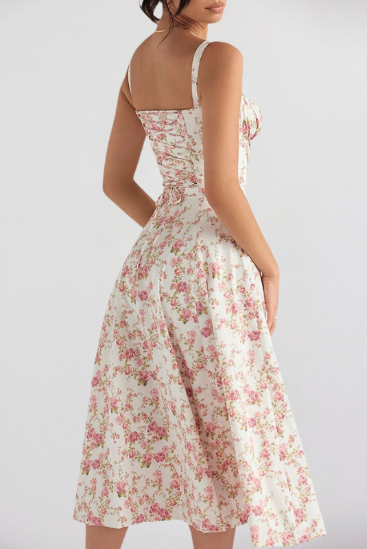 Pink Floral Women’s Printed Bustier Midi Dress on the model