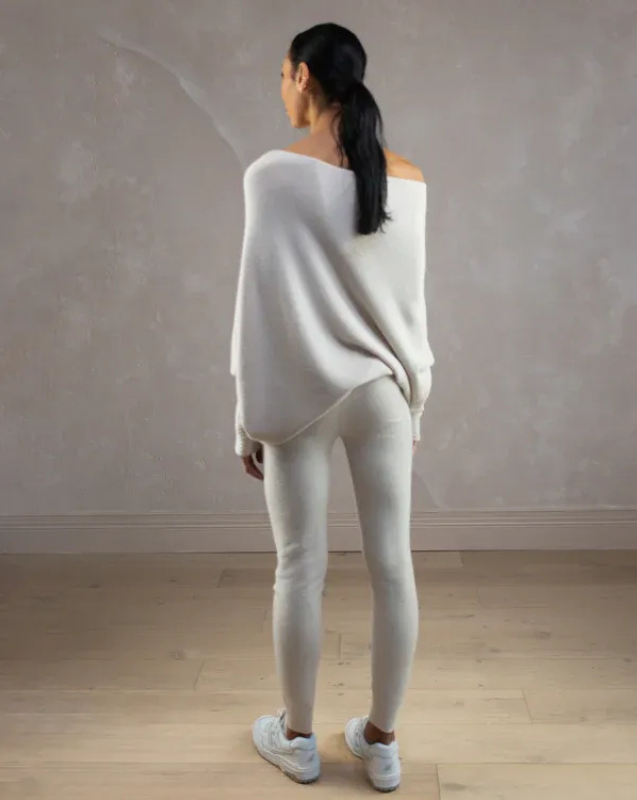 Light Gray Women’s Swing Collar Off-Shoulder Knit Jumper on model