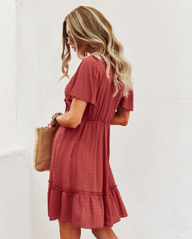 Red Women’s Boho Short-Sleeve Chiffon Dress on model
