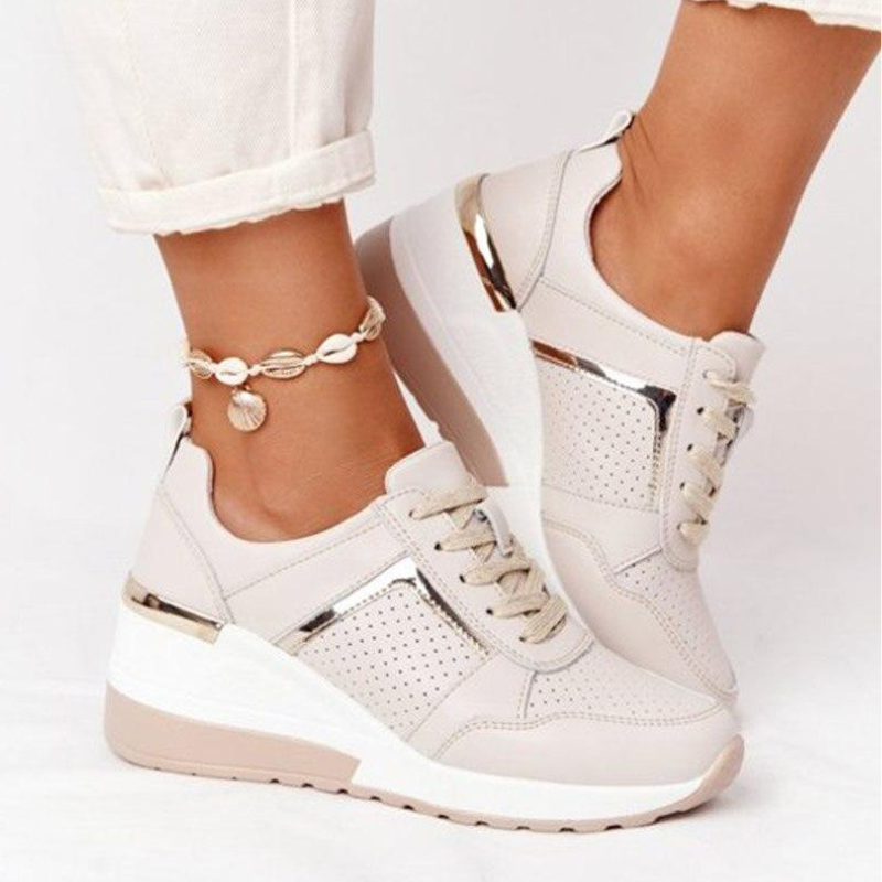 Beige Women’s Orthopedic Comfort Heel Sneakers on the model