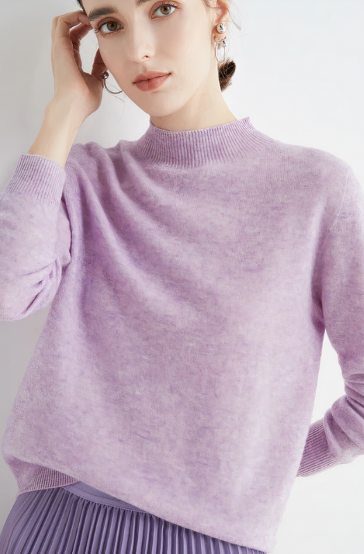 Lavender Women’s Classic Soft Half-Neck Sweater on the model