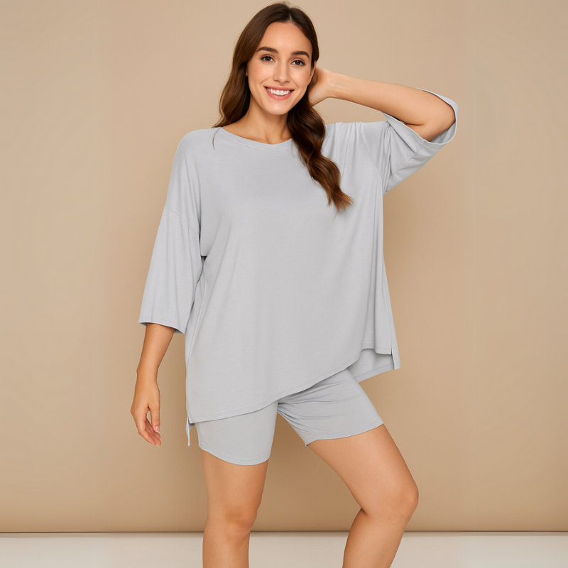 Light Gray Women’s Oversized Ribbed Tee & Biker Shorts Set on the model