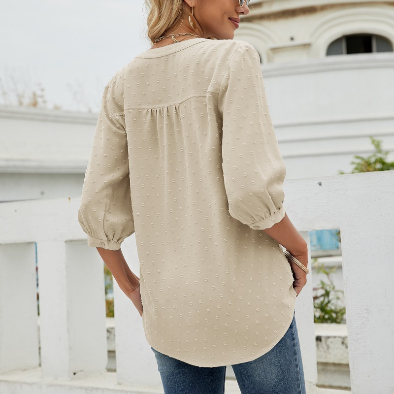 Cream Women’s V-Neck  Bell Sleeves Blouse on model