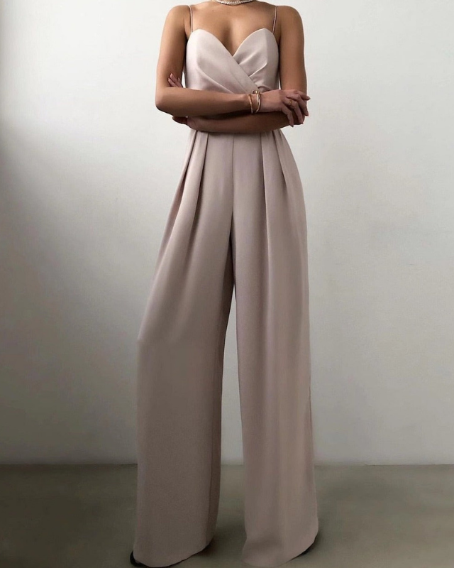Apricot Women’s Elegant Sweetheart Neckline Wide-Leg Jumpsuit on the model