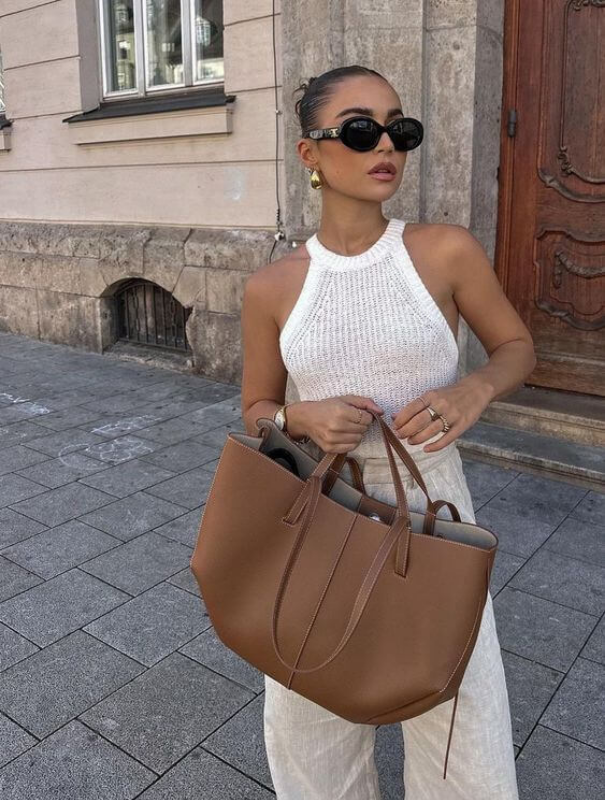 Brown Women’s Vintage Spacious Design Tote Bag on the model