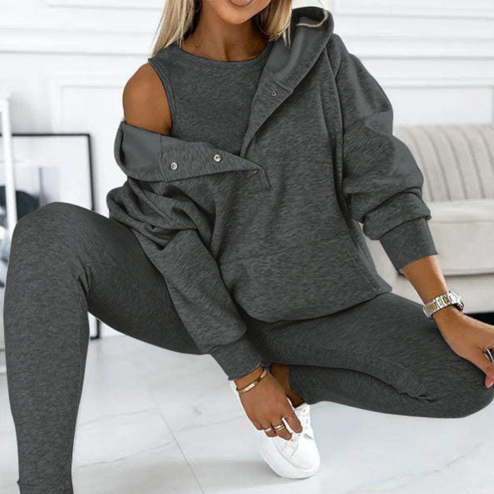 Dark Gray Women’s Soft Fabric Blend Casual Sweatshirt Set on the model