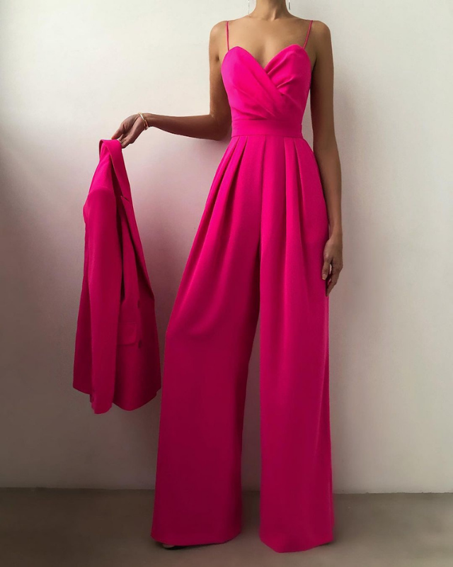 Rose Red Women’s Elegant Sweetheart Neckline Wide-Leg Jumpsuit on the model