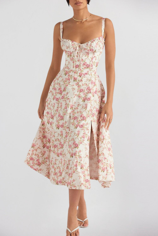 Yellow Floral Women’s Printed Bustier Midi Dress on the model