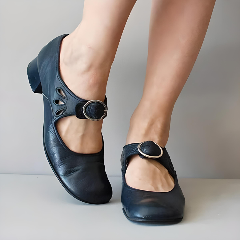 Blue Women’s Wedge Buckle Detail Sandals on the model 