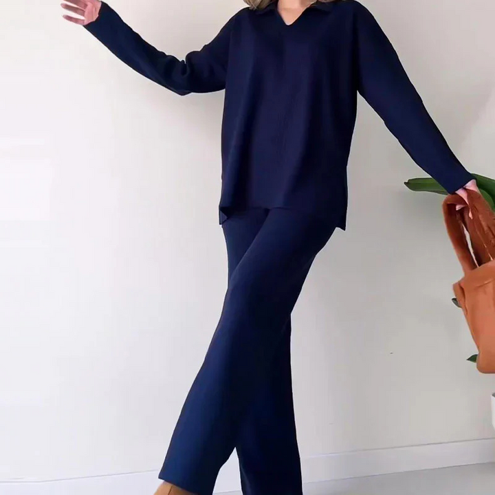 Blue Women’s Relaxed Knit Set on model