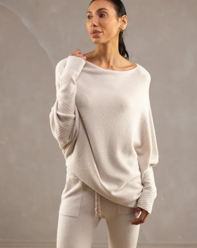 Beige Women’s Swing Collar Off-Shoulder Knit Jumper on model
