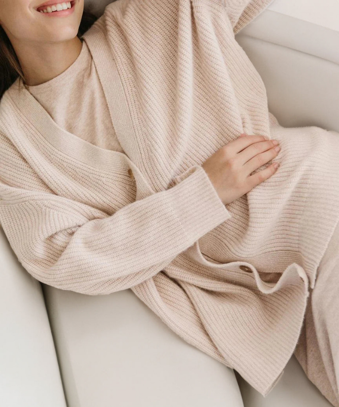 Oatmeal Women’s V-Neck Button Closure Knit Cardigan on the model