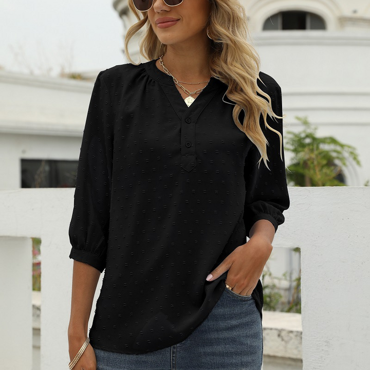 Black Women’s V-Neck  Bell Sleeves Blouse on model
