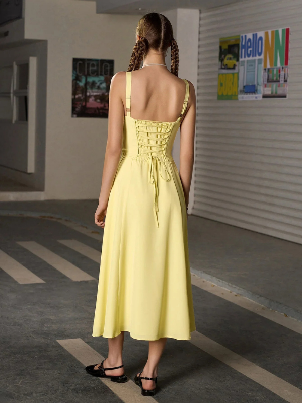 Yellow Women’s Adjustable A-Line Midi Dress on model