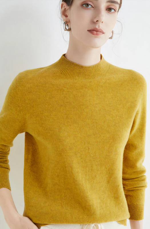 Mustard Yellow Women’s Classic Soft Half-Neck Sweater on the model