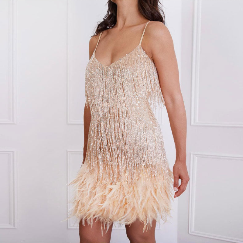 Rose Gold Women’s Glam Sequin Feather Trim Cocktail Dress on the model