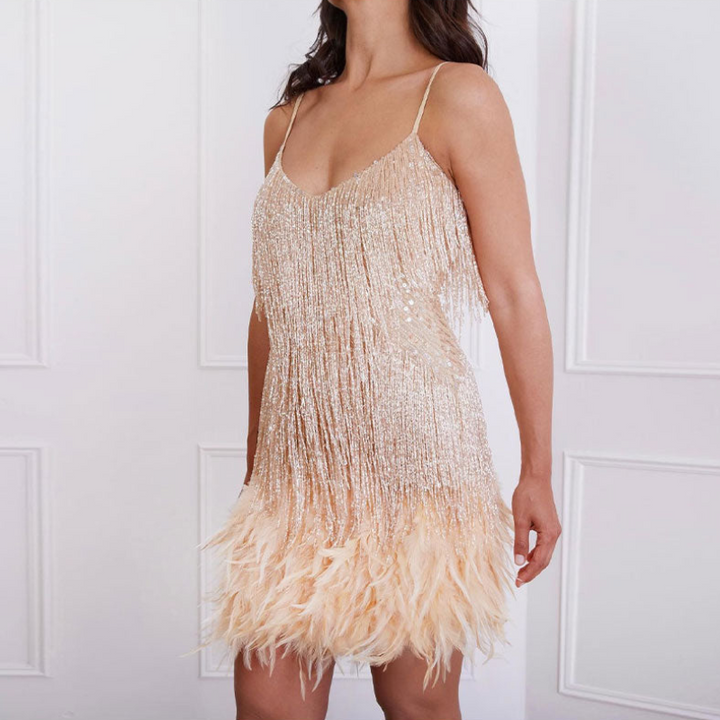 Rose Gold Women’s Glam Sequin Feather Trim Cocktail Dress on the model