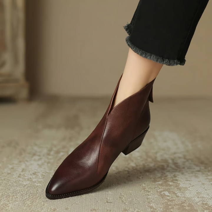 Brown Women’s Elegant Block Heel Ankle Boots on the model