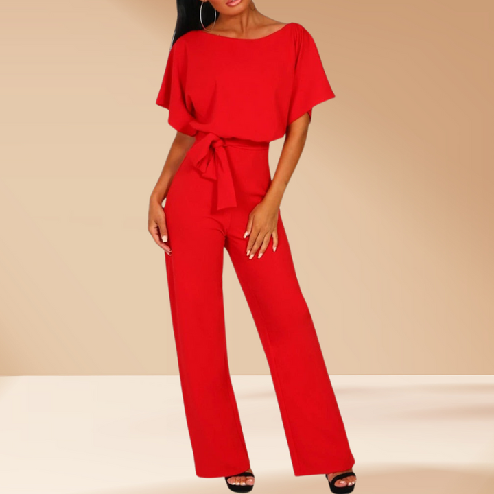 Red Women’s Chic Tie Waist Wide-Leg Jumpsuit on the model