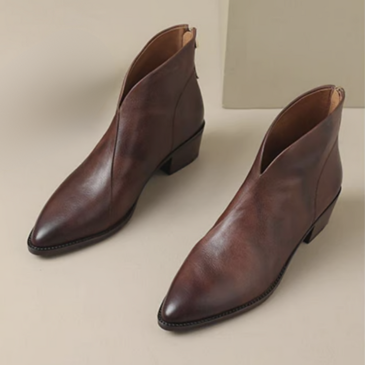 Brown Women’s Elegant Block Heel Ankle Boots on the model