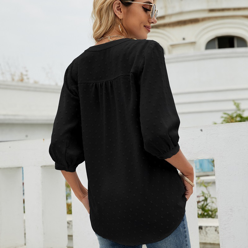 Black Women’s V-Neck  Bell Sleeves Blouse on model