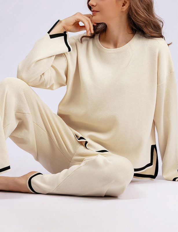 Apricot Women’s Crewneck & Wide-Leg Knit Lounge Set - Long Sleeves on the model