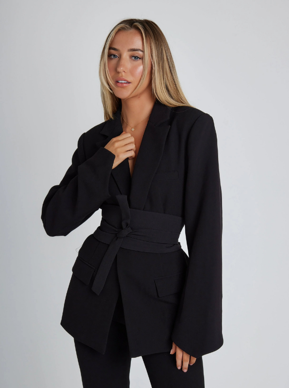 Black Women's Modern Blazer with Belt on model